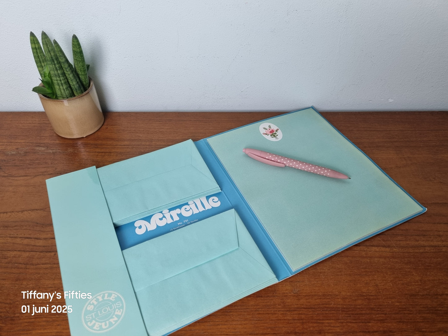 Vintage schrijfmapje – blauw met briefpapier en enveloppen