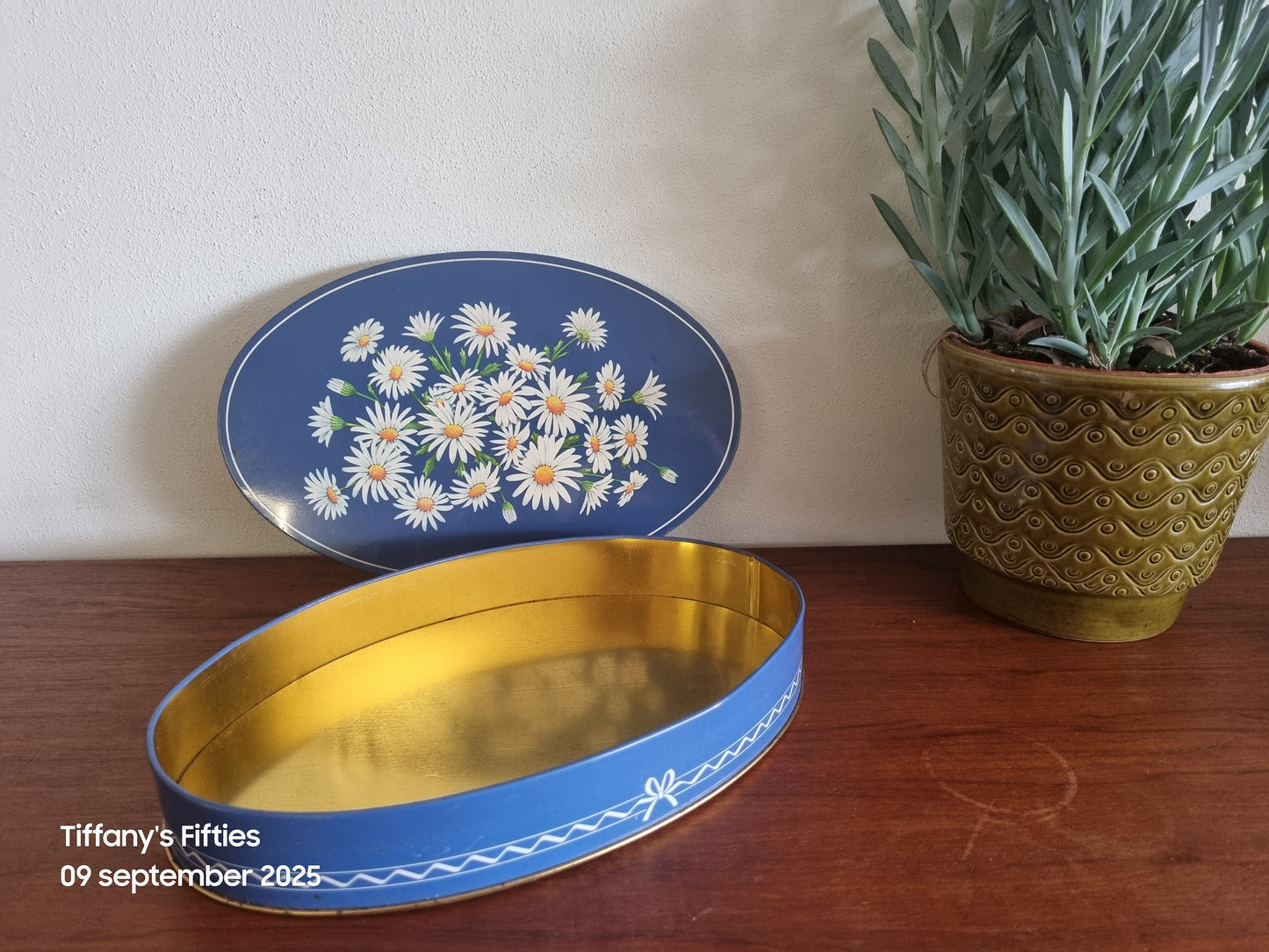 Ovalen koekjesblik blauwe met madeliefjes