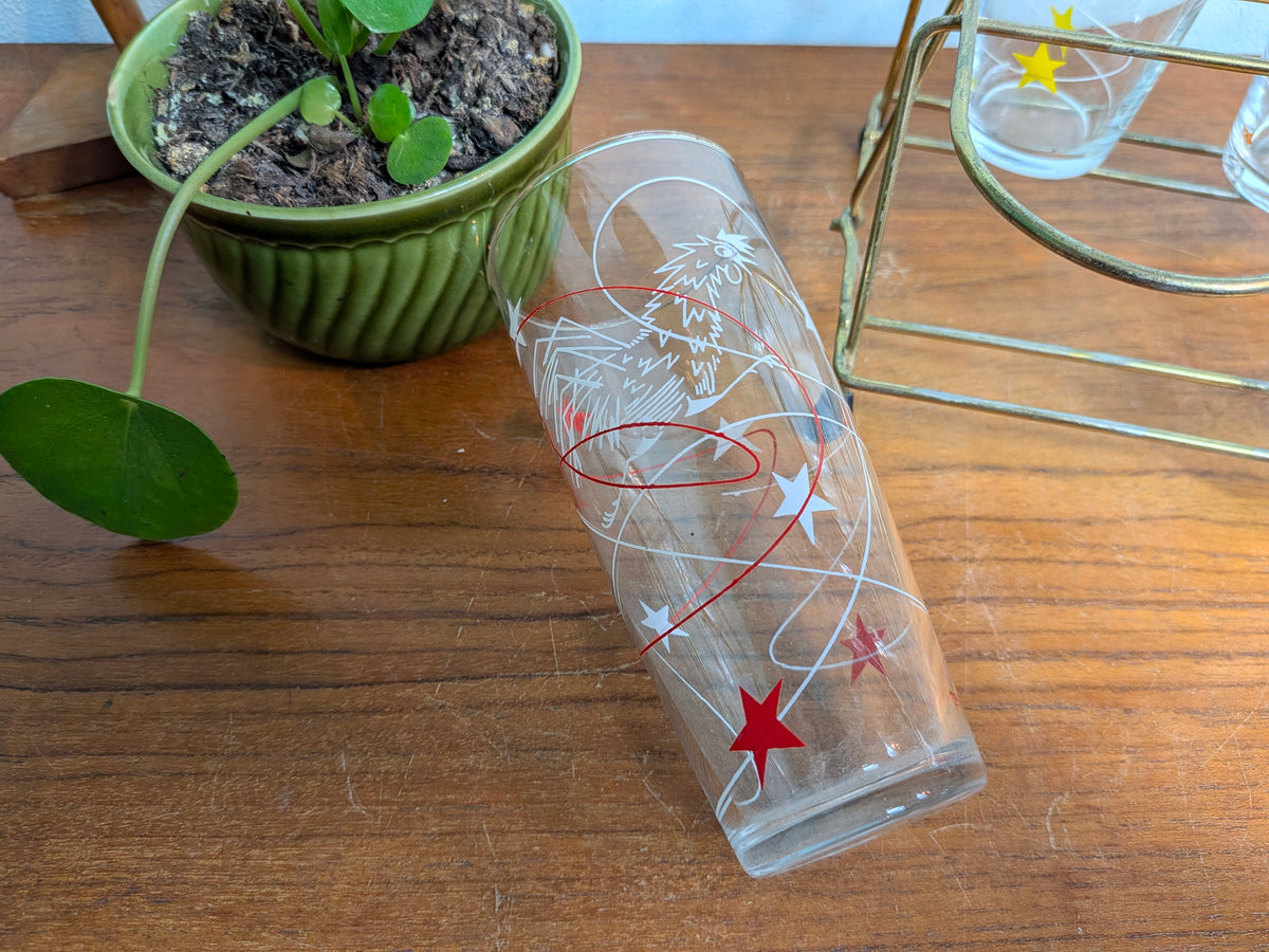 Set retro longdrinkglazen met haandecor en metalen draagrek