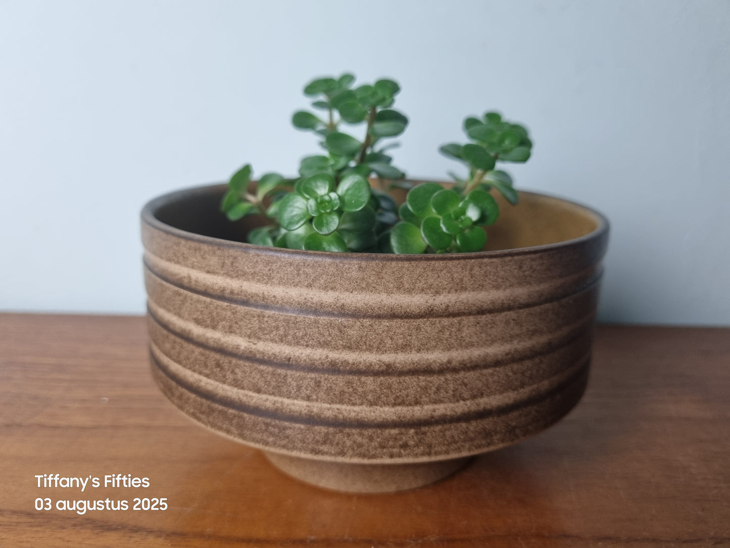 Vintagen plantenpot bruin met lijnen