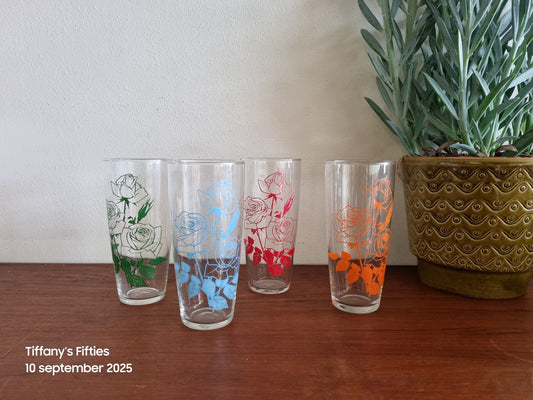 Set 4 vintage glazen rozenprint