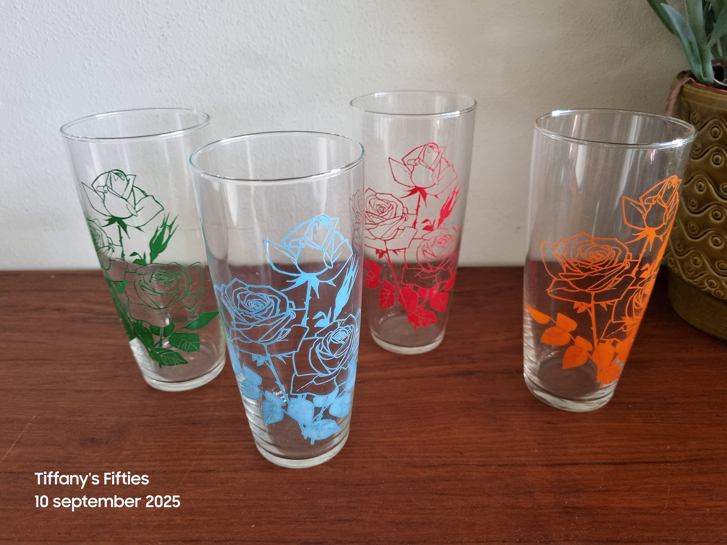 Set 4 vintage glazen rozenprint