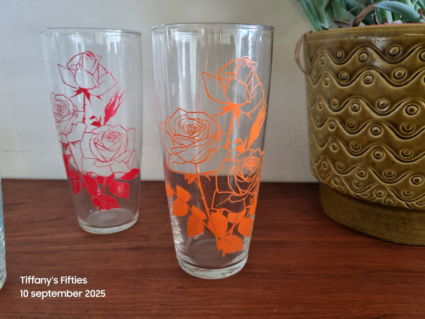 Set 4 vintage glazen rozenprint