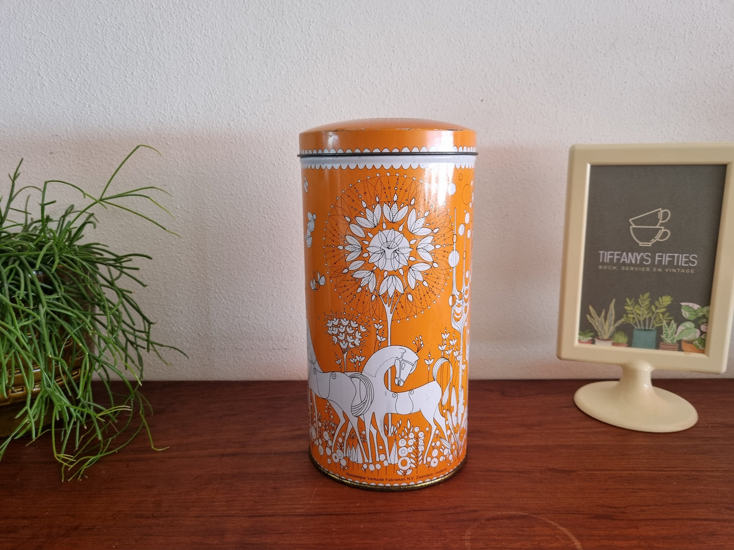 Vintage blik Verkade - paarden en bloemen