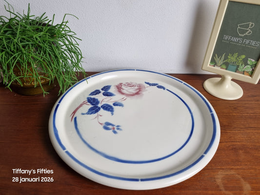 Taartbord Lunéville, rood-blauwe roos