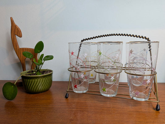 Set retro longdrinkglazen met haandecor en metalen draagrek