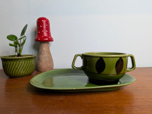 Soepkom met onderschotel groen bladdecor